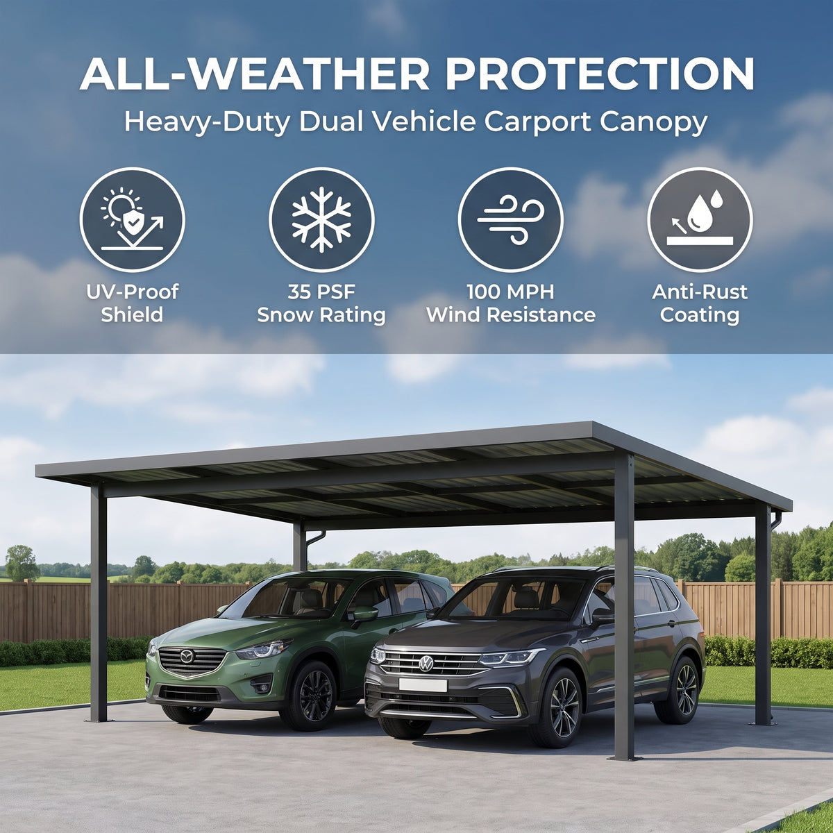 【Rainproof, Sun-resistant, and Durable】Heavy Duty Outdoor Carport Shelter 20 x 20 / 10 x 15 – All-Weather Protection for Cars, Boats & Equipment, Reinforced Steel Frame, Spacious Design, Quick Setup, Gray/White