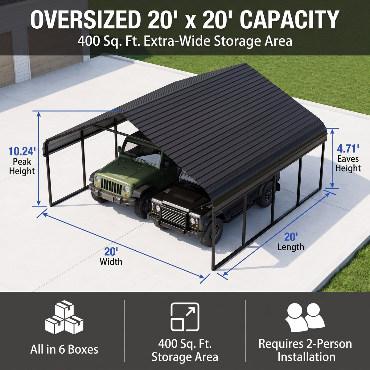 【Rainproof, Sun-resistant, and Durable】Heavy Duty Outdoor Carport Shelter 20 x 20 / 10 x 15 – All-Weather Protection for Cars, Boats & Equipment, Reinforced Steel Frame, Spacious Design, Quick Setup, Gray/White