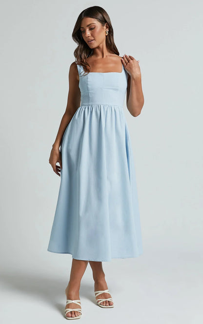Khari Midi Dress - Linen Look Square A Line Dress in Blue