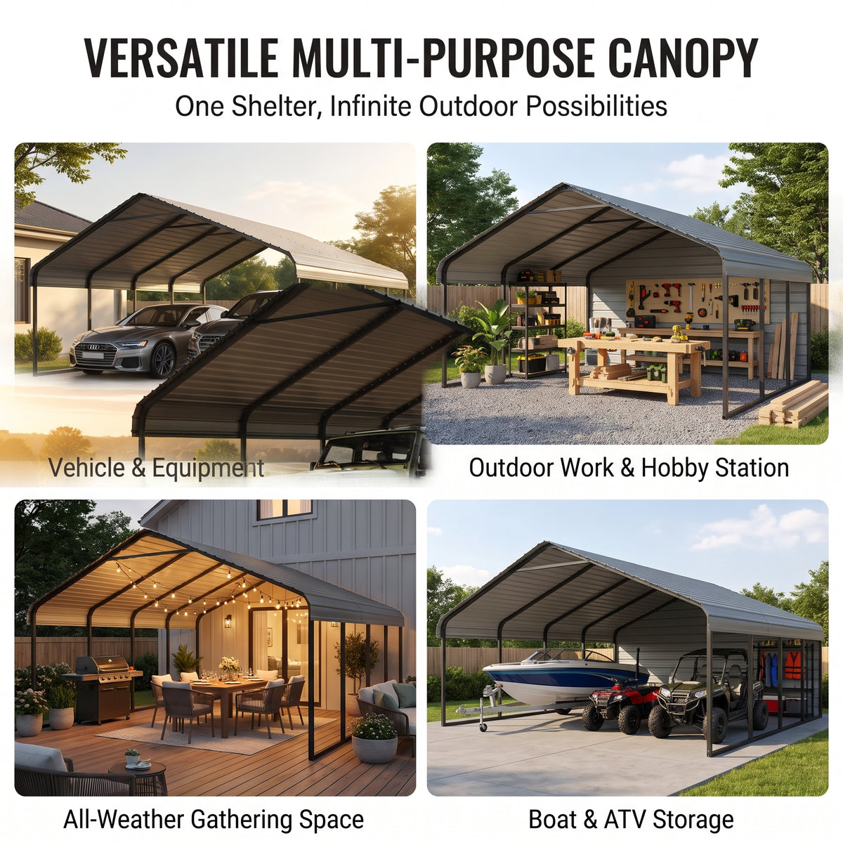 【Rainproof, Sun-resistant, and Durable】Heavy Duty Outdoor Carport Shelter 20 x 20 / 10 x 15 – All-Weather Protection for Cars, Boats & Equipment, Reinforced Steel Frame, Spacious Design, Quick Setup, Gray/White