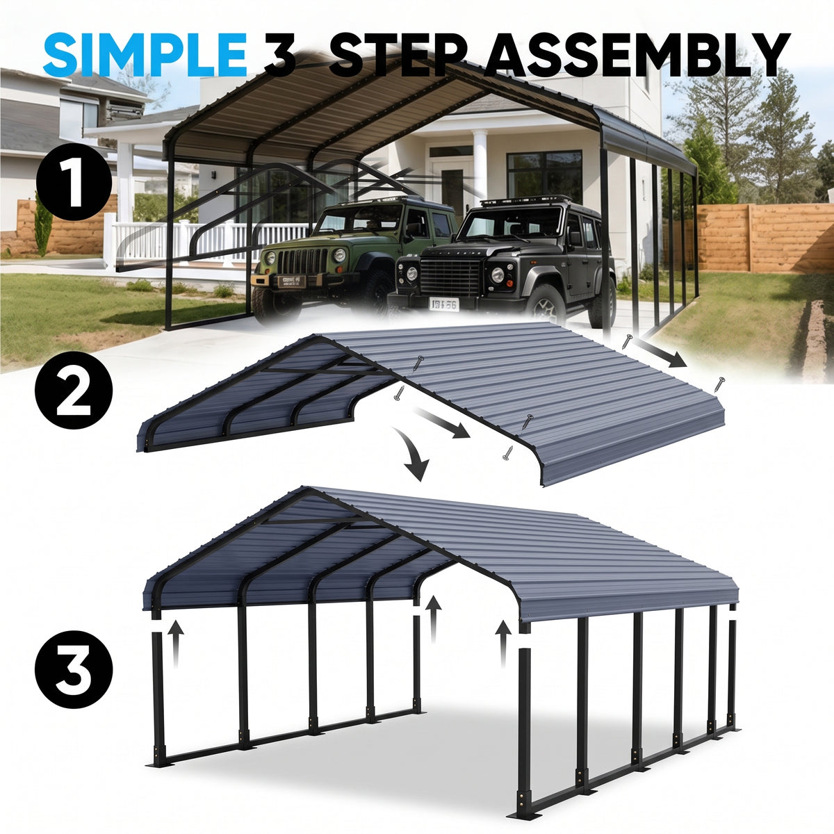 【Rainproof, Sun-resistant, and Durable】Heavy Duty Outdoor Carport Shelter 20 x 20 / 10 x 15 – All-Weather Protection for Cars, Boats & Equipment, Reinforced Steel Frame, Spacious Design, Quick Setup, Gray/White