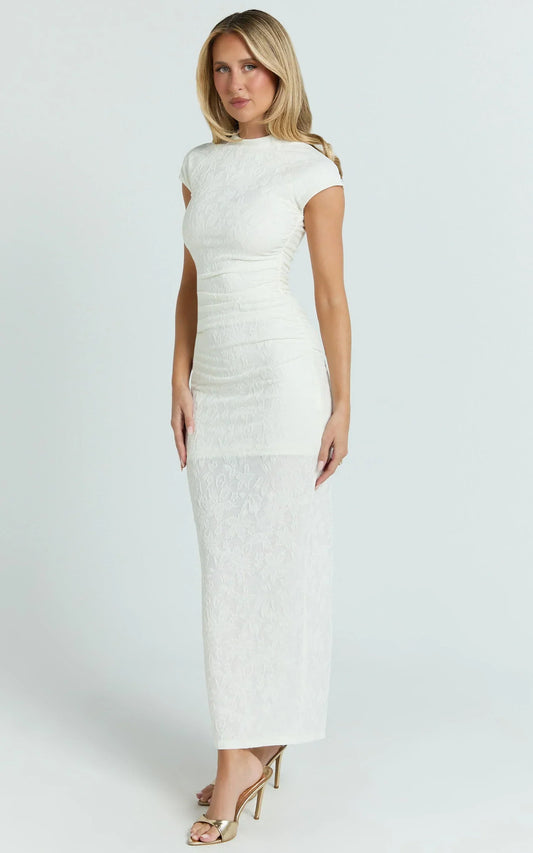 Kayrene Maxi Dress - Short Sleeve Jacquard Dress in Cream